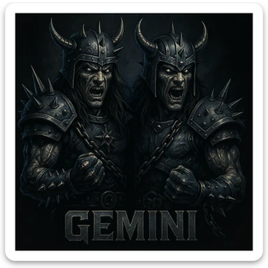 Gemini twins as heavy metal mascots, bold and edgy, metallic details, dark color palette, dramatic lighting sticker
