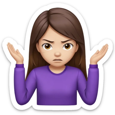 Angry Pouty girl with small asian eyes folding arms in a purple longsleeve shirt she has fair skin and long length brown hair with highlights sticker