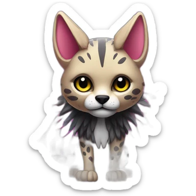 Coyote ocelot standing with grey and black fur and phoenix wings on back and pink ears half skeleton, neon lights sticker