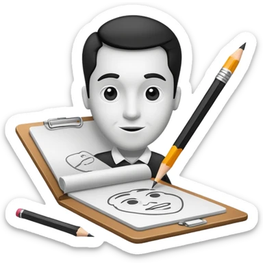 Create an icon representing the process of creating a black-and-white caricature. Include a pencil, a sketchpad with a humorous, exaggerated figure, and inking tools. Use bold lines and shading, with a transparent background. sticker