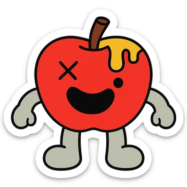 plush apple character with light grey arms and legs, left eye is an X, yellow ichor dripping from stem, big smiling mouth, no leaf sticker