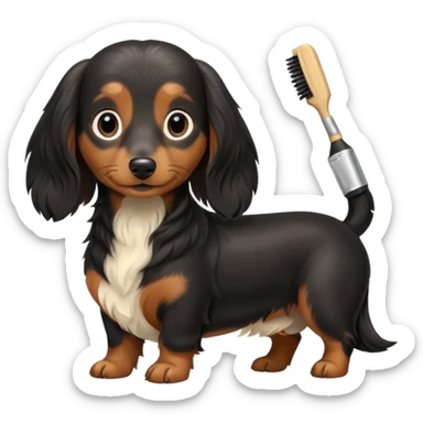 Black and cream long haired dachshund getting groomed sticker