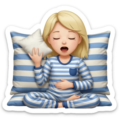 {
      "type": "human",
      "look": "girl in striped pyjamas, yawning, holding pillow",
      "description": "a sleepy girl in striped pyjamas yawning while holding a pillow"
    } sticker