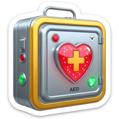 sci-fi AED box, surrounded by glowing sparkles and neon accents sticker