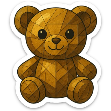 Make the gold cubist abstraction teddy bear cuter with a rounder face, bigger eyes, and a small smile. Keep it metallic and shiny with no background. sticker