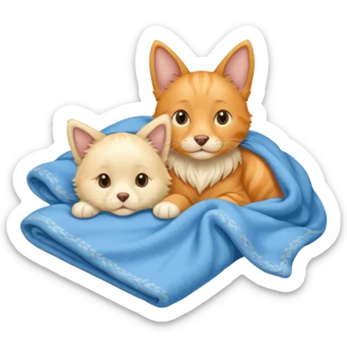 An Orange cat with pointy ears and an English cream retriever dog with floppy ears in a blue blanket  sticker
