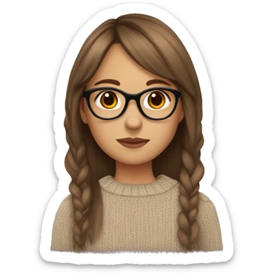 girl with curtain bangs and glasses with brown hair and a sweater sticker