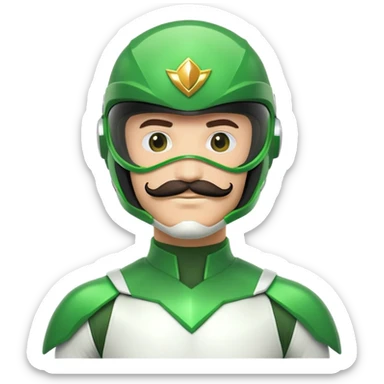 Green power ranger in white costume with a mustache, helmet with green visor sticker