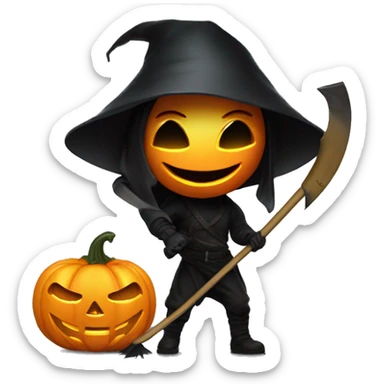 Human female pumpkin hunter with a scythe, glowing pumpkin eyes inside a black helmet, Halloween theme, emoji" sticker