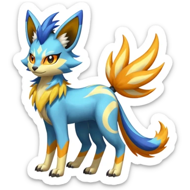 Feral Lightning-patterned Zig-zagged buzzy fuzzy Meloetta-Renamon-Zeraora-Luxray-Cobalion-Suicune-Vernid-fusion-hybrid-creature, full body  sticker
