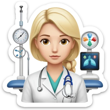 A blonde female kinesiologist with a thoughtful expression, wearing professional medical attire, in a physical therapy clinic setting sticker