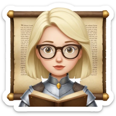 Female knight reading scroll, wearing glasses — curious expression. sticker