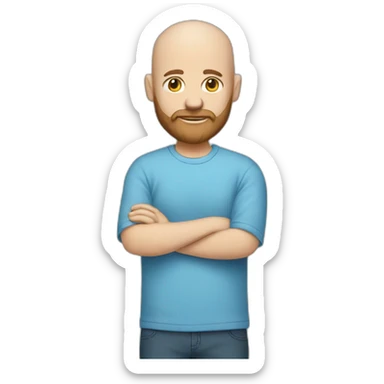 A bald white person with a beard wearing a blue shirt sticker