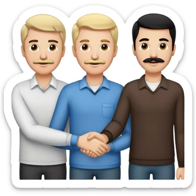 Three men holding hands, all white, one with blonde hair, one with black hair and a mustache and one with brown hair and stubble sticker