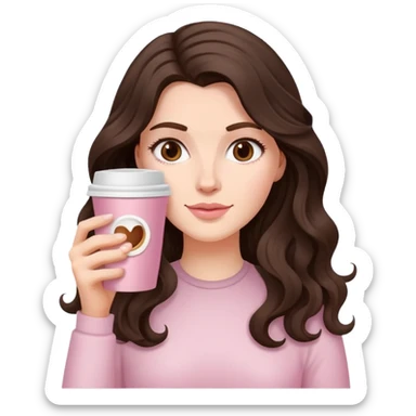 A white girl with long dark brown wave hair and a pale pink paper cup of coffee sticker