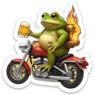Toad in a motorbike with a beer in one and and fire souround sticker
