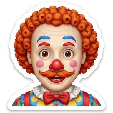Classic clown — curly mustache, red nose sticker