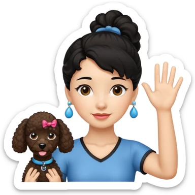 Ponytail black hair girl with brown Poodle say goodbye  sticker