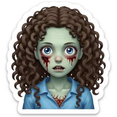 a zombie girl, her hair is curly and brunette but it is long hair and her curls are more open, the color eyes is blue mix grey sticker