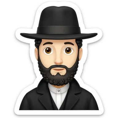 Abstract stylized Hasidic Jewish man emoji with traditional wide black hat, simplified payot curls, short beard, traditional black coat, very generic face sticker