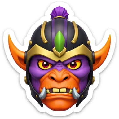 head of orange orc in a black, purple, yellow and red samurai helmet sticker