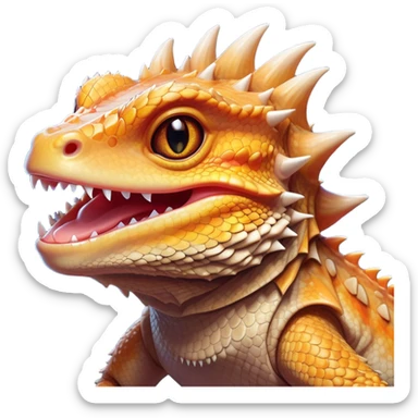 Cinematic Comical Bearded Dragon Portrait Emoji, Head tilted dramatically with an exaggeratedly amused expression, featuring a striking, glossy scaled hide with a quirky, spiky beard and wide, expressive eyes full of playful disbelief, Simplified yet hilariously expressive features, highly detailed, glowing with a slightly sassy glow, high shine, dramatic yet playful, stylized with an air of cheeky mischief, bright and endearing, soft glowing outline, capturing the essence of a spirited and over‐the‐top dragon, so meme‐worthy it feels like it could snap its jaws into internet fame instantly! sticker