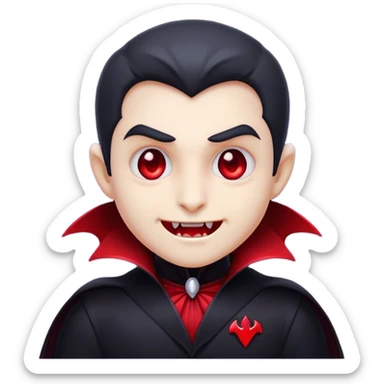 Cinematic Cute Vampire Portrait Emoji, with a refined yet playful small, rounded pale face accented by tiny, cute fangs and bright, twinkling eyes, sporting miniature elegant dark attire with a hint of crimson, simplified yet irresistibly charming, highly detailed with a soft glowing outline that captures the delightful duality of spooky sweetness and stylish allure! sticker