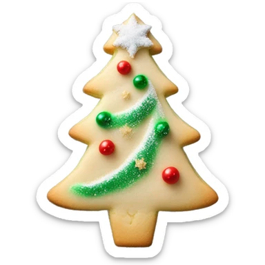 1 Layered sugar cookie shaped like a Christmas tree, dusted with powdered sugar and decorated with tiny ornaments sticker