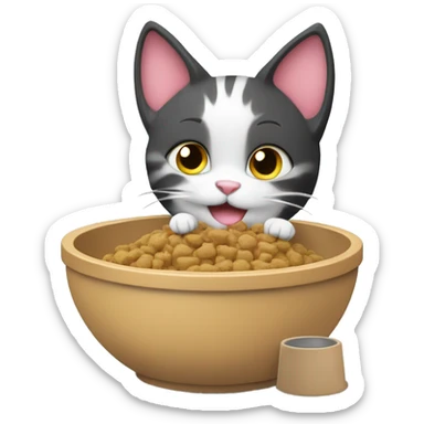 cute cat eating kibble in the bowl with hearts around   sticker