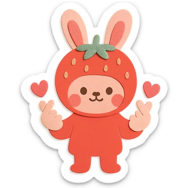 Full-body strawberry bunny in paper-craft style, both bunny ears clearly visible, making finger hearts, same cute expression and color palette as the reference. sticker