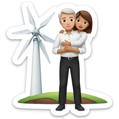 an older white man with brown hair and a white shirt and black pants hugging a wind turbine sticker