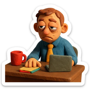 droopy-eyed worker at a desk in claymation style sticker