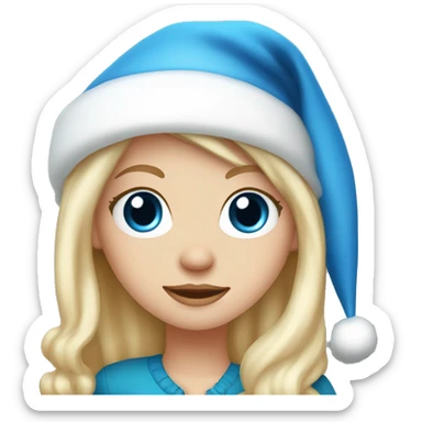 Pretty blue eyed white girl with blonde hair with a santa claus hat sticker