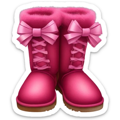 Realistic pair of raspberry color Ugg fur boots laced up with ribbon bows. sticker