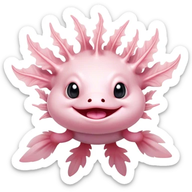 Cinematic Comical Axolotl Portrait Emoji, Head tilted dramatically with an exaggeratedly amused expression, featuring smooth, pale pink skin with ruffled, feathery gills and wide, expressive dark eyes filled with playful disbelief, Simplified yet hilariously expressive features, highly detailed, glowing with a slightly sassy glow, high shine, dramatic yet playful, stylized with an air of cheeky mischief, bright and endearing, soft glowing outline, capturing the essence of a spirited and over-the-top aquatic friend, so meme-worthy it feels like it could side-eye its way into internet fame instantly! sticker