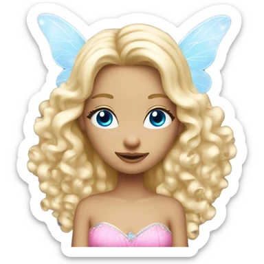 Fairy, a blonde hair with blue eyes and a pink dress with sparkly wings. White wings. The fairy has long and curly hair with a lot of volume sticker