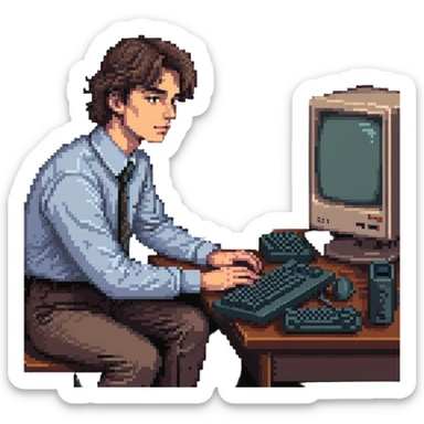 Young man sitting at desk with vintage desktop computer with large CRT monitor sticker