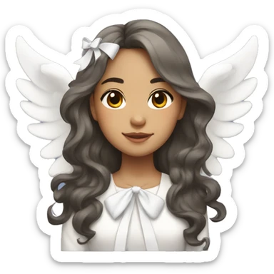 Pretty mixed Asian girl with long wavy hair with big angels wings and a white bow sticker