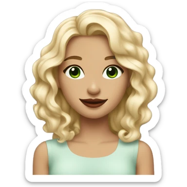 a blonde girl with greenish blueish eyes wavy hair smiling with nude red lips sticker