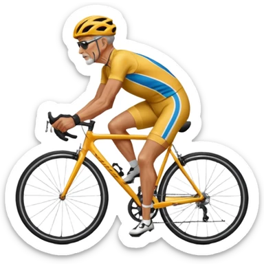older, 60 year old man in cycling clothes, straddling road bike, heavy-set, graphic design sticker