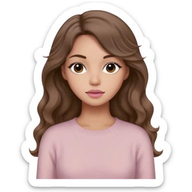 a woman with beige knit long sleeve top, her hair is long wavy brown hair, her face is soft girl style, her eyes color are black and the color of her lip is soft pink sticker