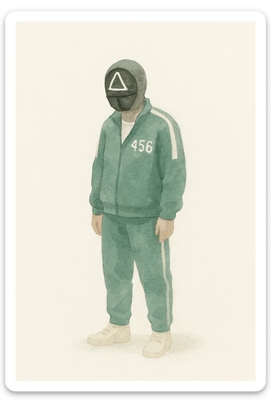 squid game player in green tracksuit, watercolor style sticker