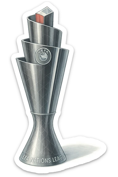 Фотореалистичный и изометричный кубок UEFA Nations League, объемный чуть слегка рисованный стиль, прозрачный фон sticker