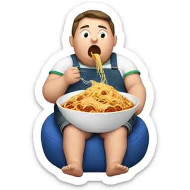 A fat kid eating spaghetti on a beanbag sticker