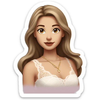 fair-skinned girl with dark brown, slim shaped eyes and long lashes. long, light brown hair styled in a wavy blowout. wearing a delicate white lace tank top and a dainty gold necklace, plump light pink lips. sticker