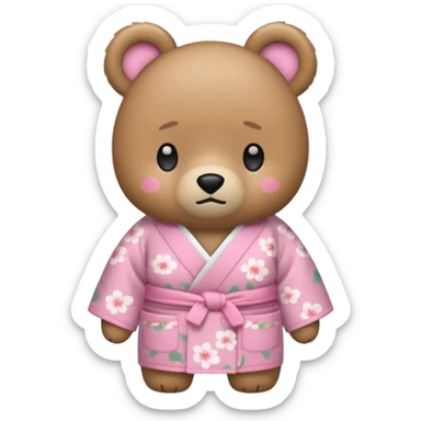 A cute light-brown bear wearing a pastel pink sakura-patterned kimono, normal balanced body ratio.  
Turning pockets inside out with a worried embarrassed face, a tiny coin rolling away.  
Kawaii emoji style, minimalistic clean sticker illustration, white background. sticker