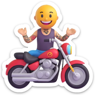 3D smiley emoji, round shape, motorcyclist in sleeveless shirt: sleeveless shirt, tattoo, funny face sticker