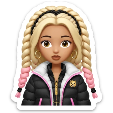 generate a pretty bratz girl with a WHITE puffer jacket, hoops, long braided hair black sticker
