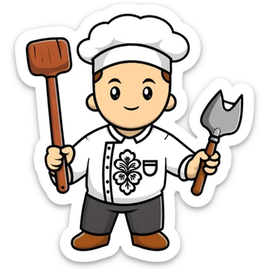 Ukrainian man wearing traditional white embroidered shirt (vyshyvanka) holding a hammer in one hand and a kitchen ladle in the other hand sticker