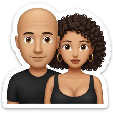 A picture of a tanned couple. the man is a Mexican man with tanned skin, a bald hair cut, short beard and wearing a black shirt. the woman is mixed, with long curly dark brown hair and with big boobs  sticker